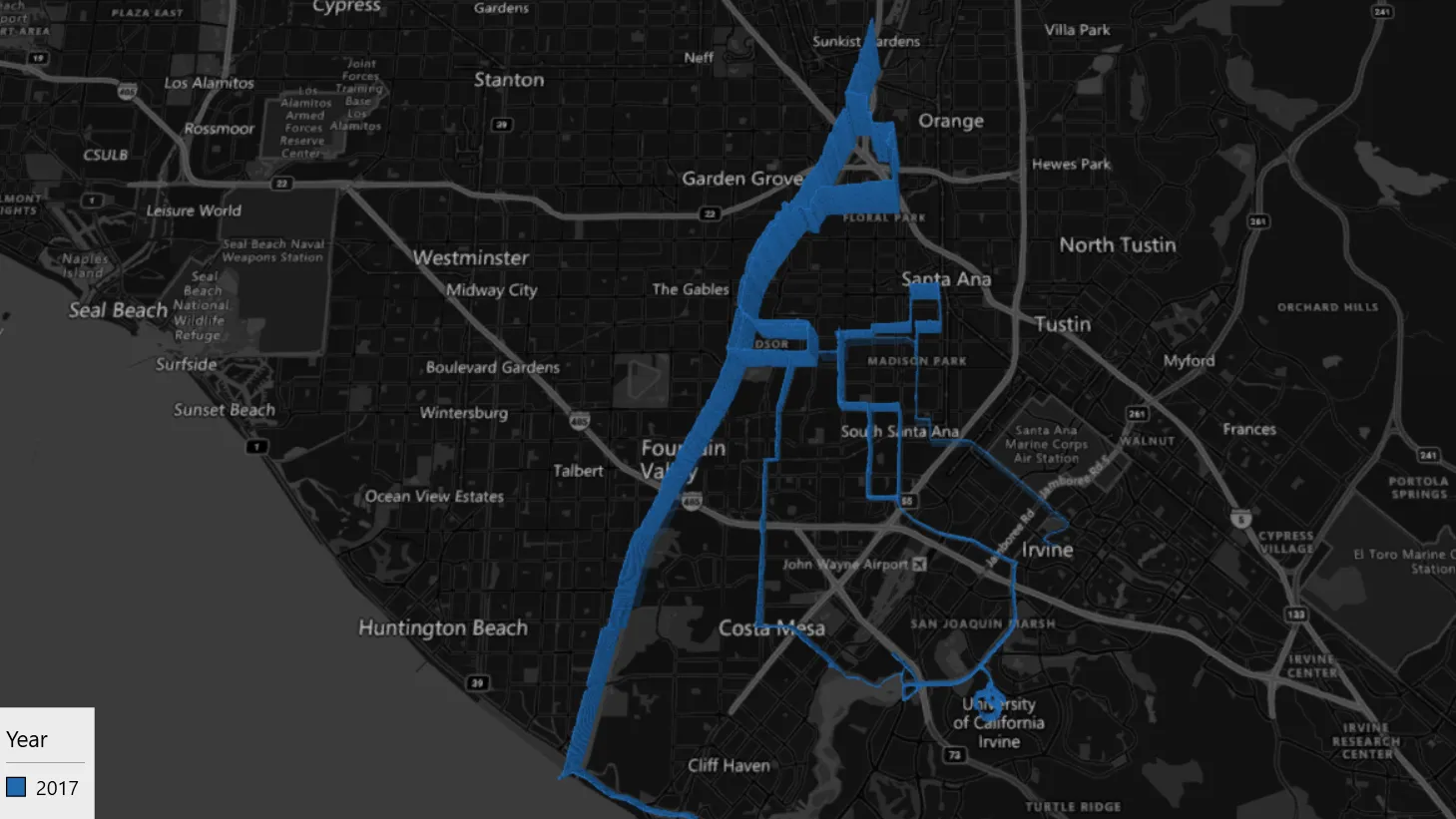 Visualization of my 2017 rides in the Orange County.